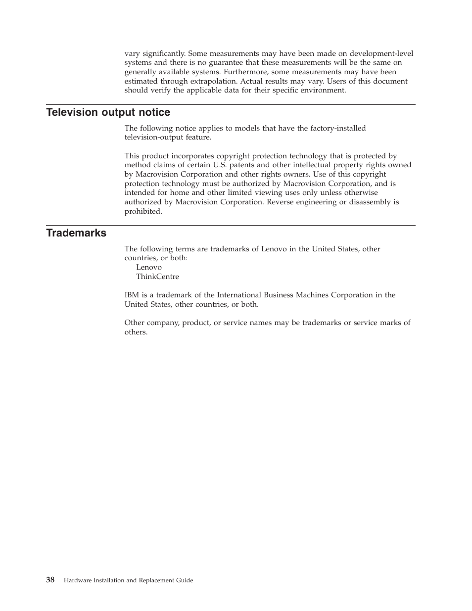 Television output notice, Trademarks, Television | Output, Notice | Lenovo ThinkCentre A61 User Manual | Page 46 / 48