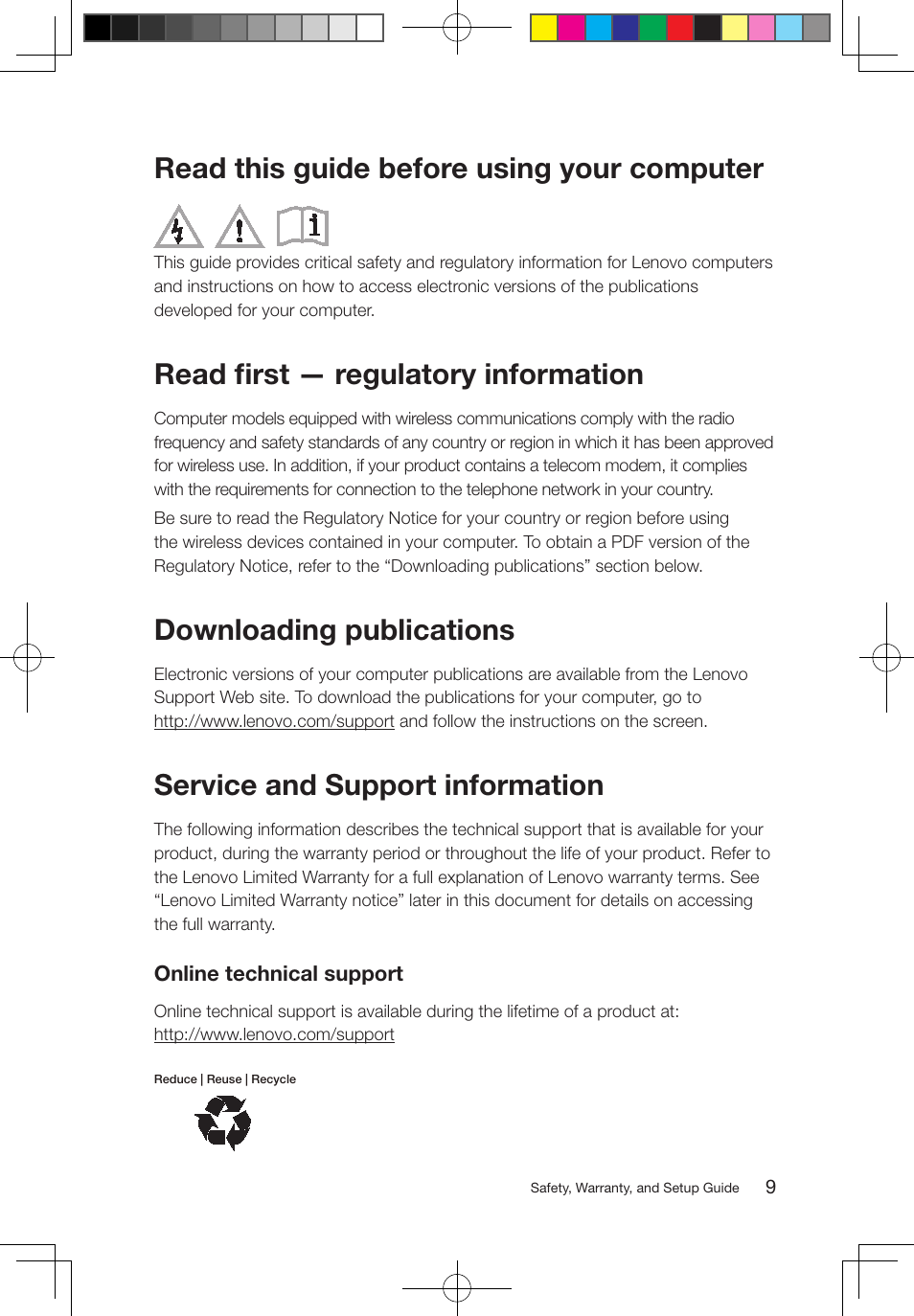 Read this guide before using your computer, Read first — regulatory information, Downloading publications | Service and support information | Lenovo S310 All-in-One User Manual | Page 10 / 24