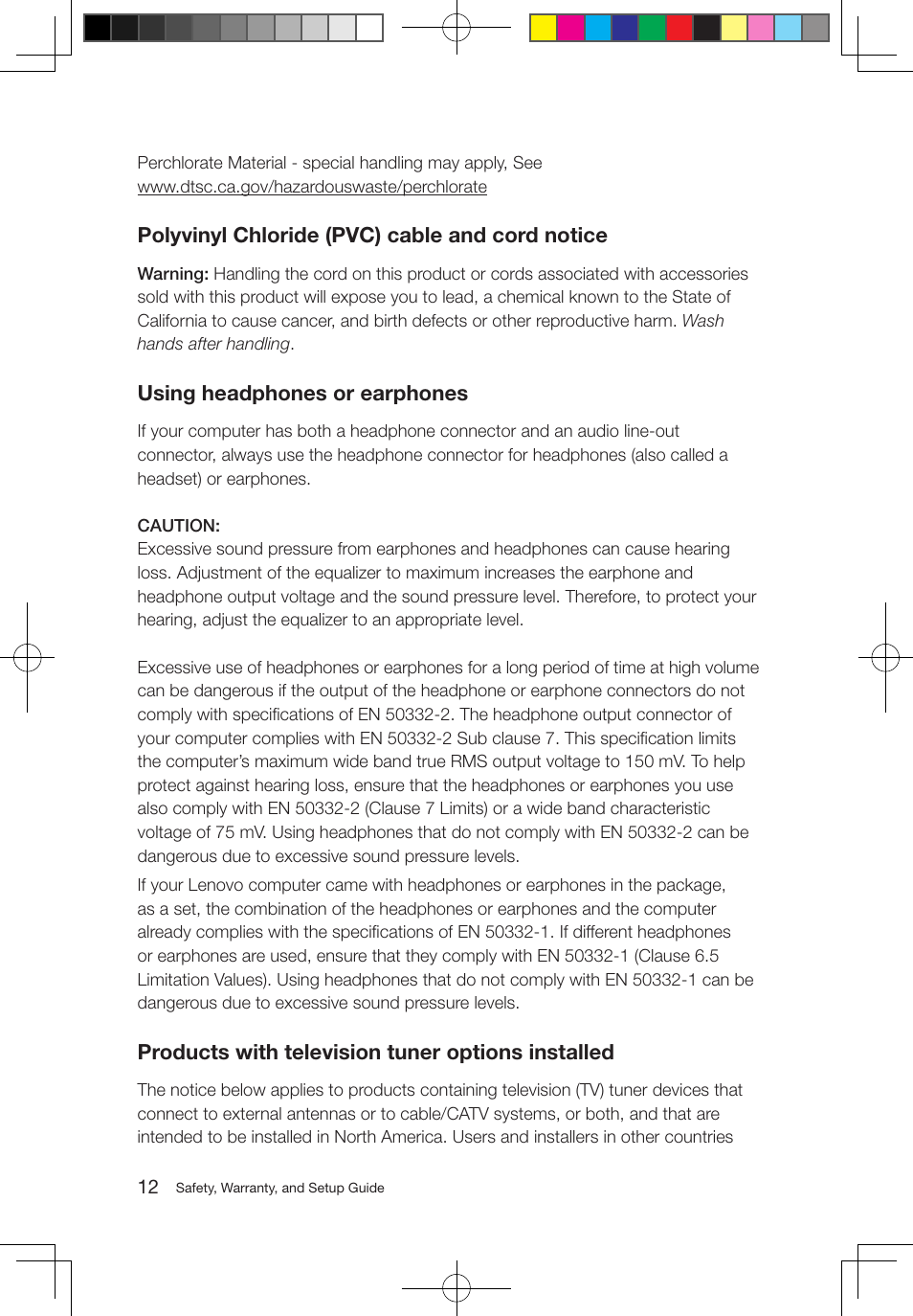 Polyvinyl chloride (pvc) cable and cord notice, Using headphones or earphones, Products with television tuner options installed | Lenovo S310 All-in-One User Manual | Page 13 / 24