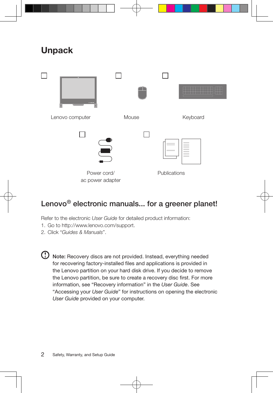Unpack, Lenovo, Electronic manuals... for a greener planet | Lenovo S310 All-in-One User Manual | Page 3 / 24