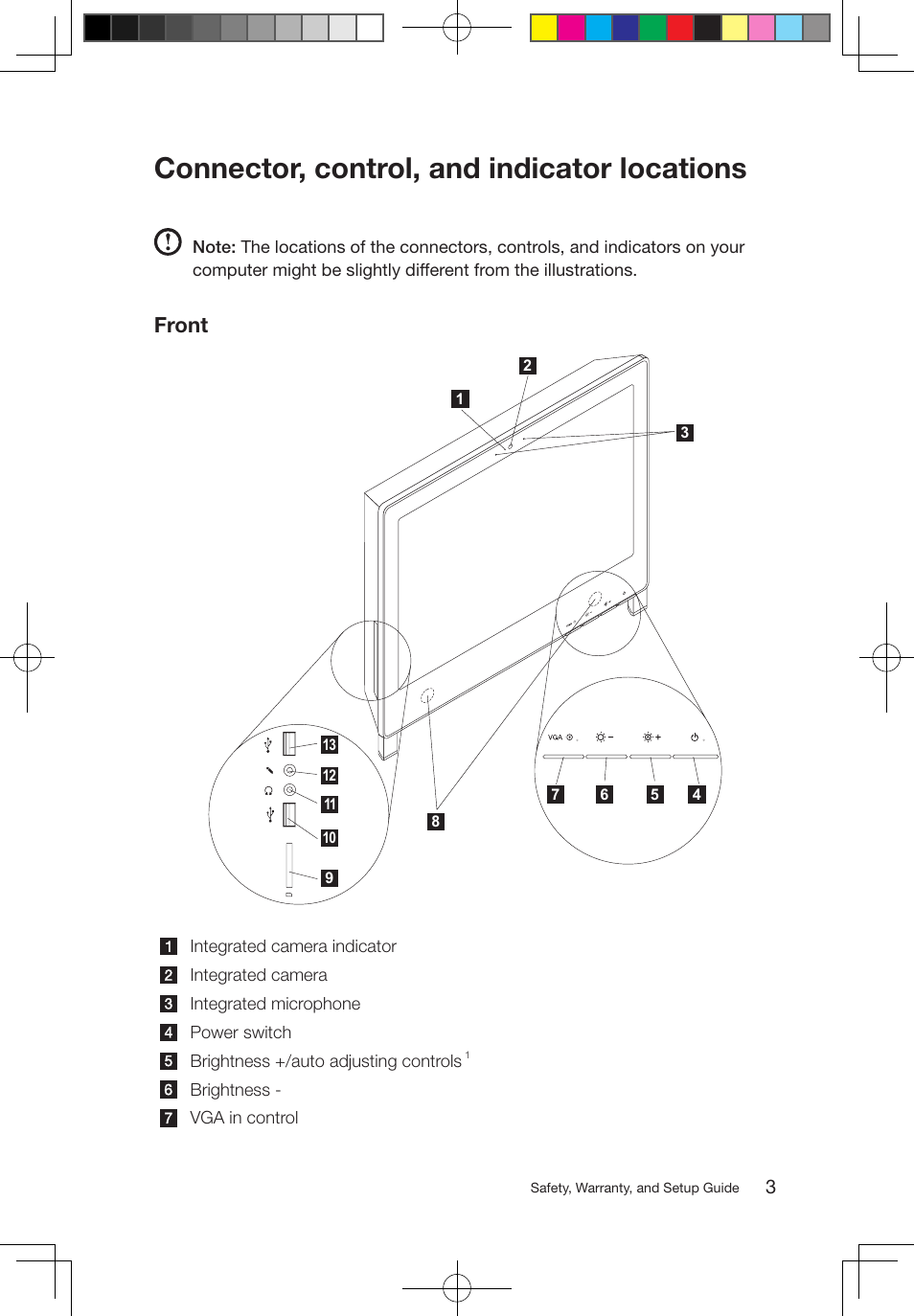 Connector, control, and indicator locations, Front | Lenovo S310 All-in-One User Manual | Page 4 / 24