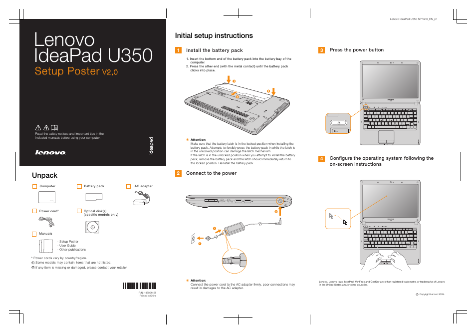 Lenovo IdeaPad U350 User Manual | 2 pages