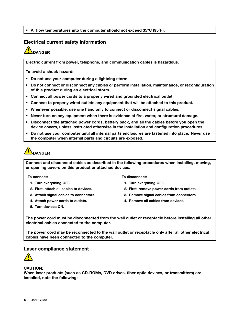 Electrical current safety information, Laser compliance statement | Lenovo K49 Notebook User Manual | Page 12 / 72