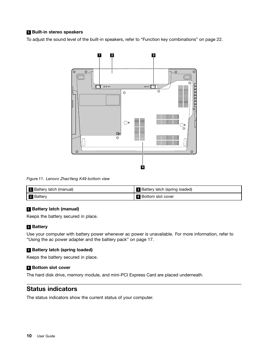 Status indicators | Lenovo K49 Notebook User Manual | Page 24 / 72