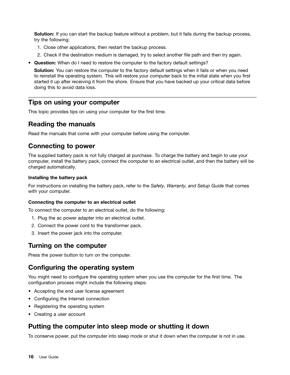 Tips on using your computer, Reading the manuals, Connecting to power | Turning on the computer, Configuring the operating system | Lenovo K49 Notebook User Manual | Page 30 / 72