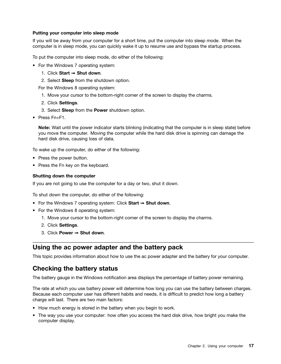 Using the ac power adapter and the battery pack, Checking the battery status | Lenovo K49 Notebook User Manual | Page 31 / 72