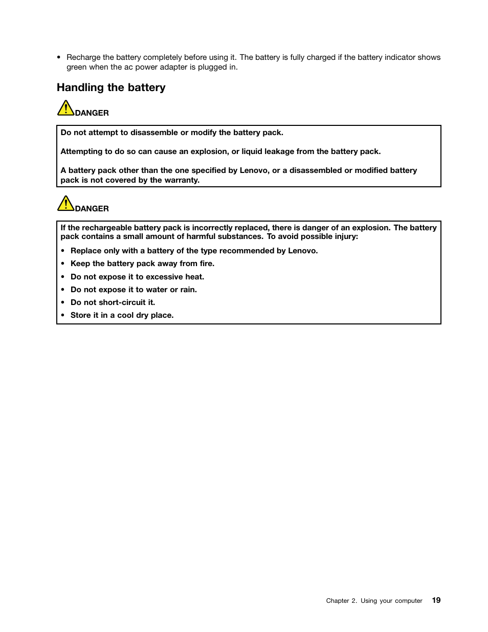 Handling the battery | Lenovo K49 Notebook User Manual | Page 33 / 72