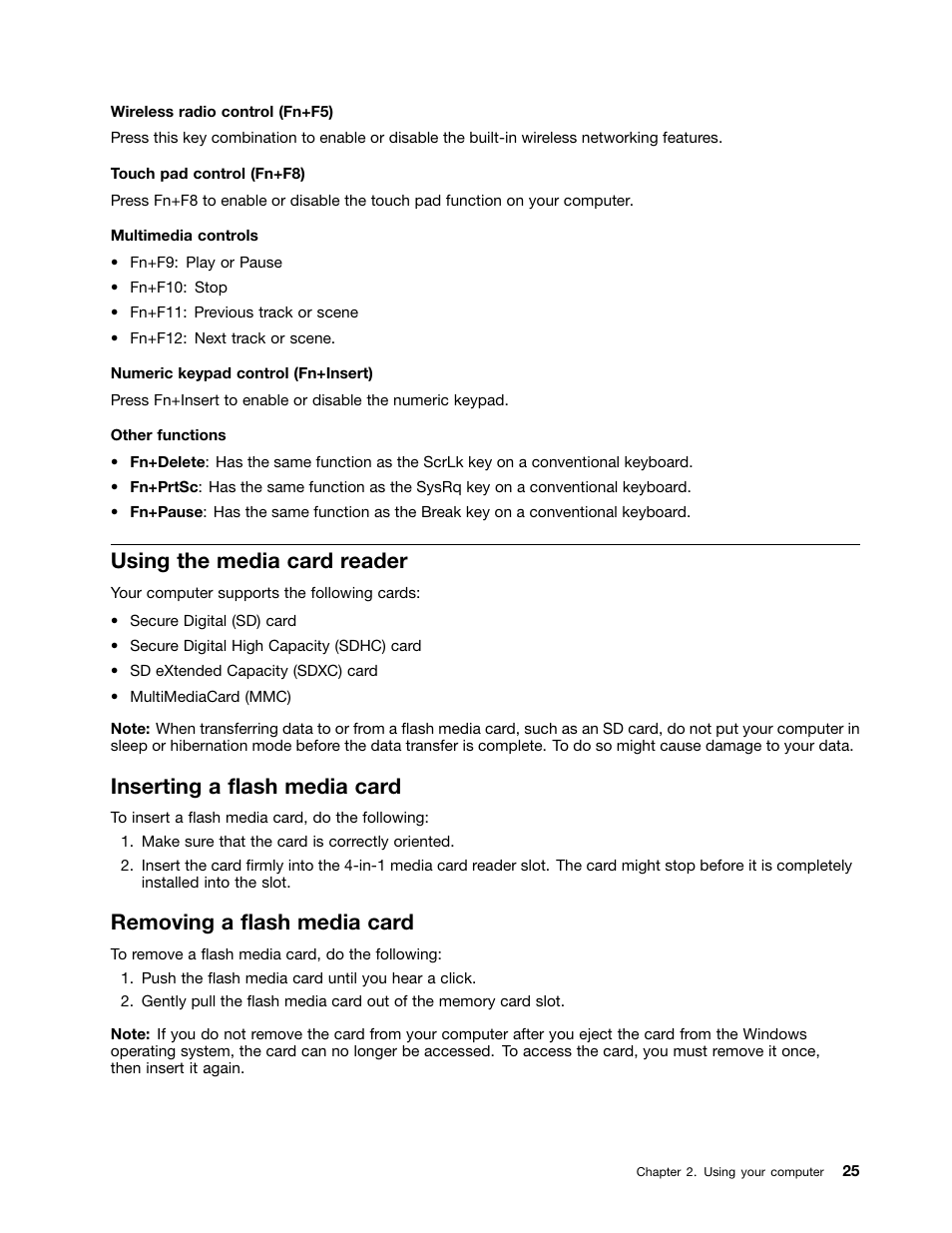 Using the media card reader, Inserting a flash media card, Removing a flash media card | Lenovo K49 Notebook User Manual | Page 39 / 72