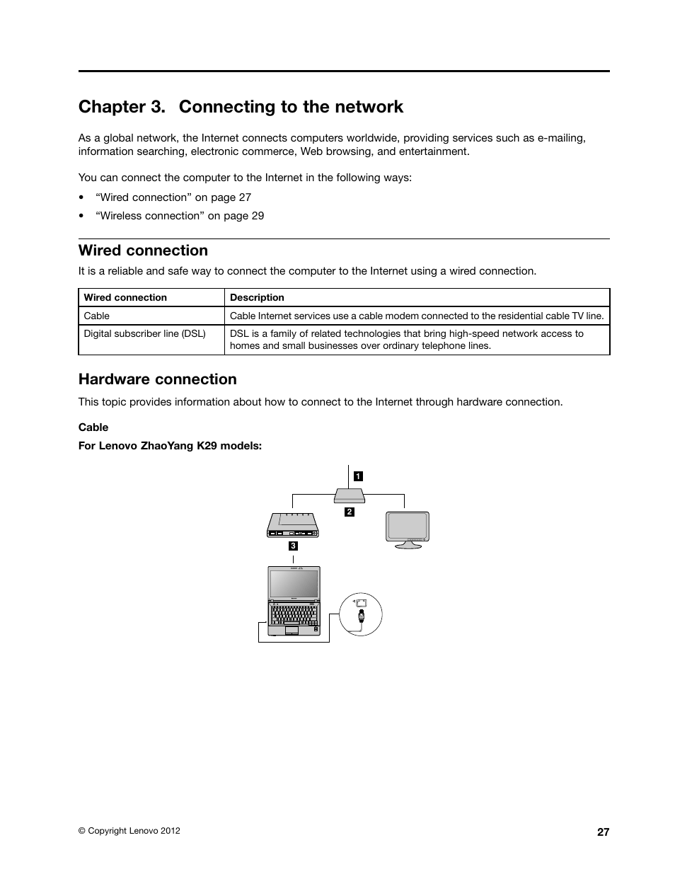 Chapter 3. connecting to the network, Wired connection, Hardware connection | Lenovo K49 Notebook User Manual | Page 41 / 72