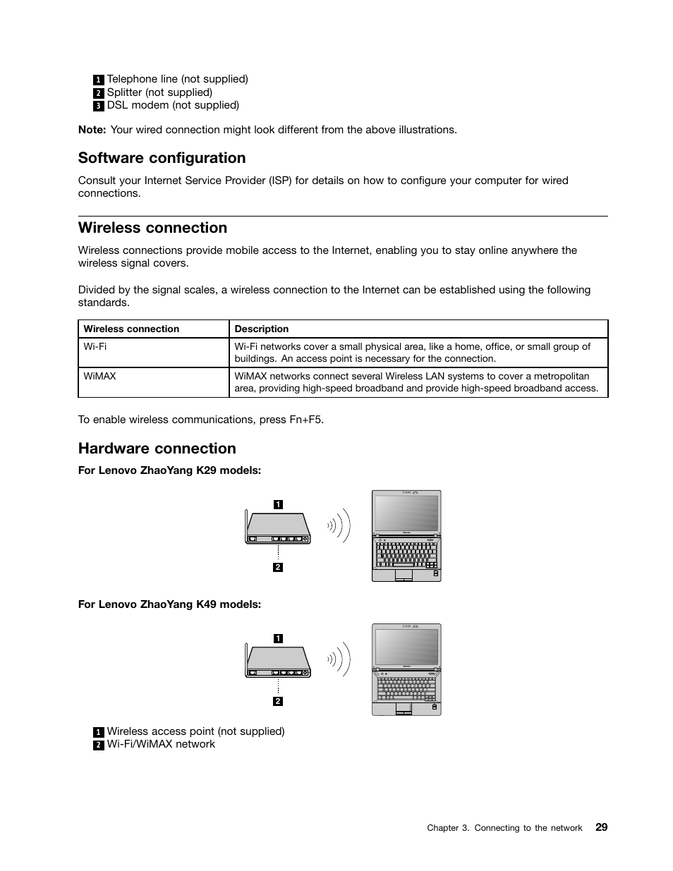 Software configuration, Wireless connection, Hardware connection | Lenovo K49 Notebook User Manual | Page 43 / 72