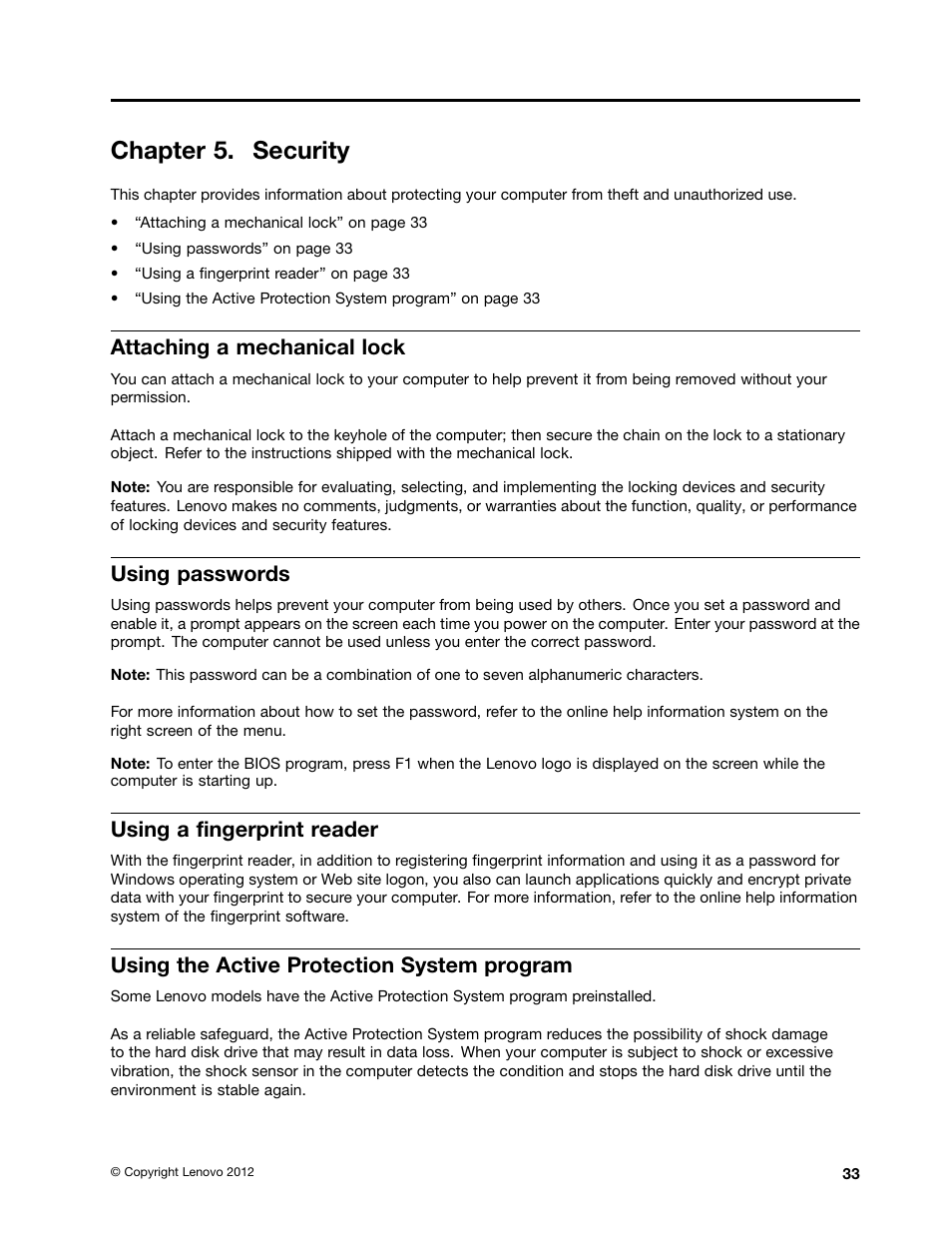 Chapter 5. security, Attaching a mechanical lock, Using passwords | Using a fingerprint reader, Using the active protection system program | Lenovo K49 Notebook User Manual | Page 47 / 72