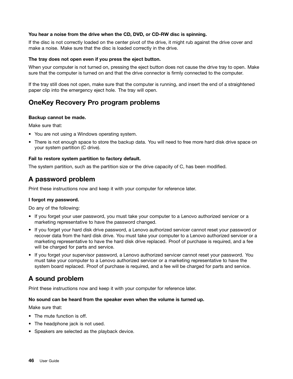 Onekey recovery pro program problems, A password problem, A sound problem | Lenovo K49 Notebook User Manual | Page 60 / 72