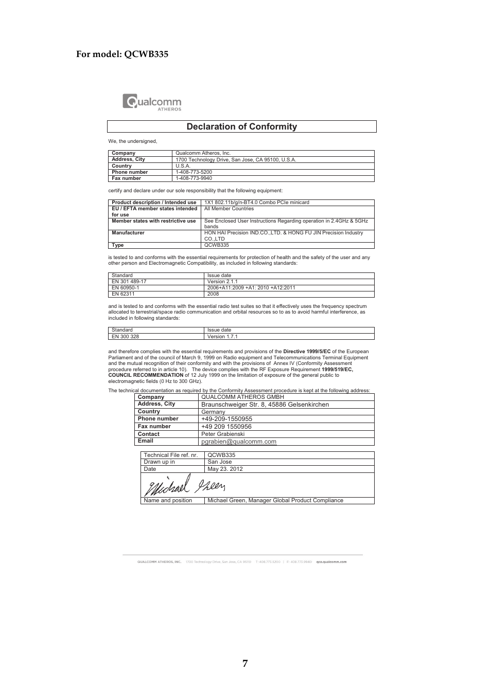 For model: qcwb335, Declaration of conformity | Lenovo Flex 10 Notebook Lenovo User Manual | Page 7 / 9