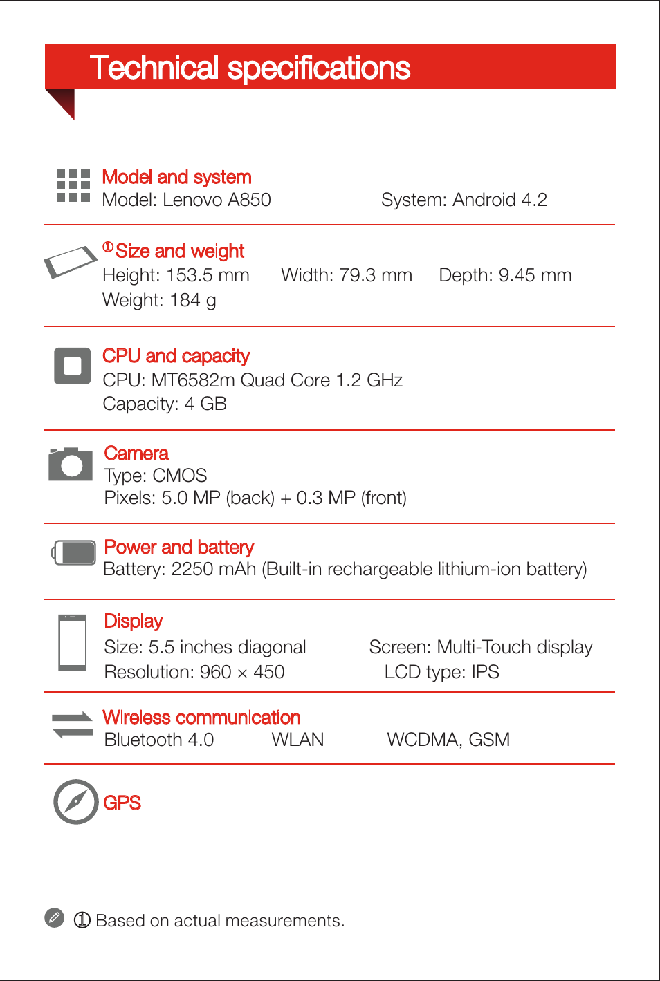 Technical specifications | Lenovo A850 Smartphone User Manual | Page 2 / 6