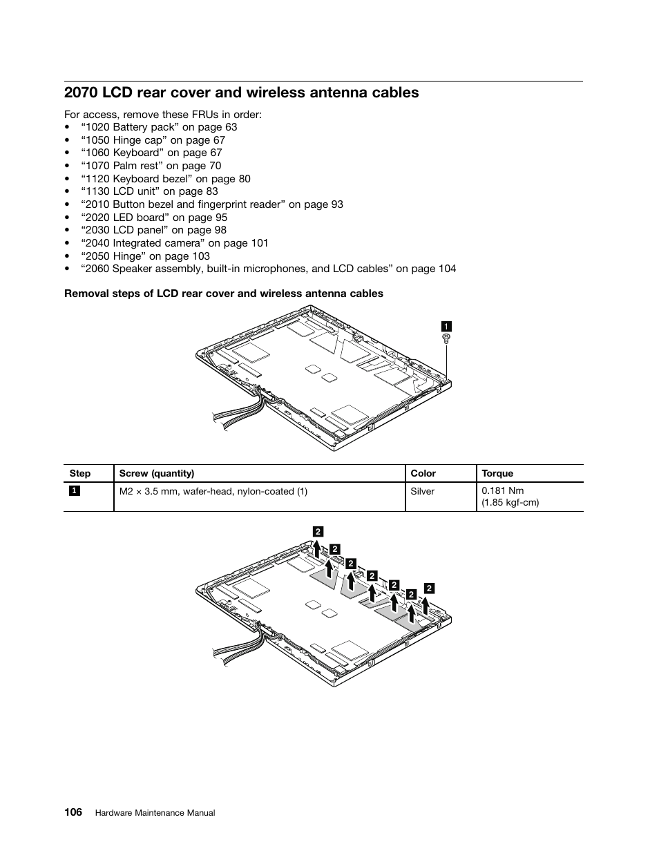 2070 lcd rear cover and wireless antenna cables | Lenovo ThinkPad X230 Tablet User Manual | Page 112 / 118