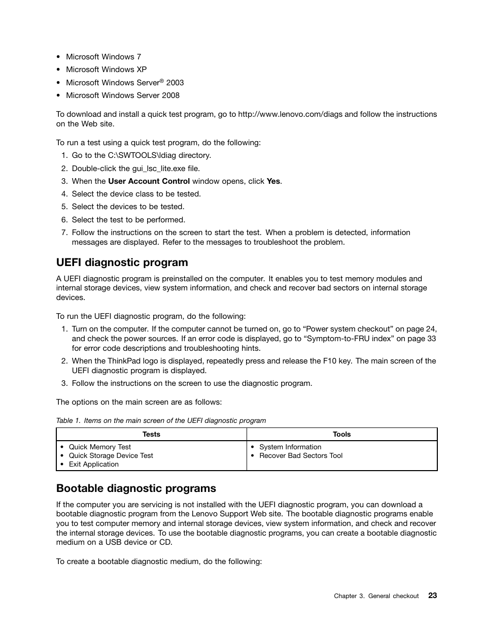 Uefi diagnostic program, Bootable diagnostic programs | Lenovo ThinkPad X230 Tablet User Manual | Page 29 / 118