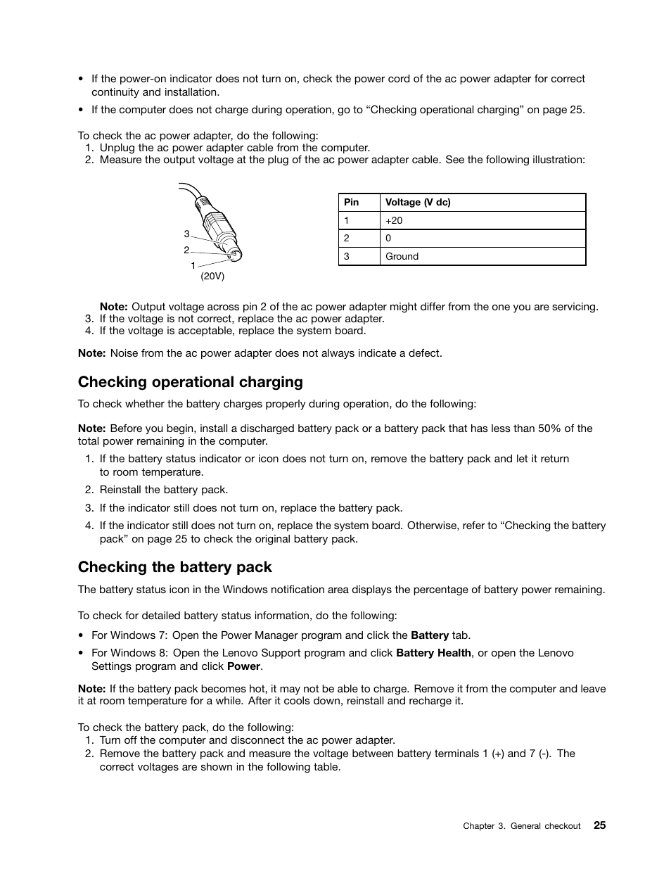 Checking operational charging, Checking the battery pack | Lenovo ThinkPad X230 Tablet User Manual | Page 31 / 118