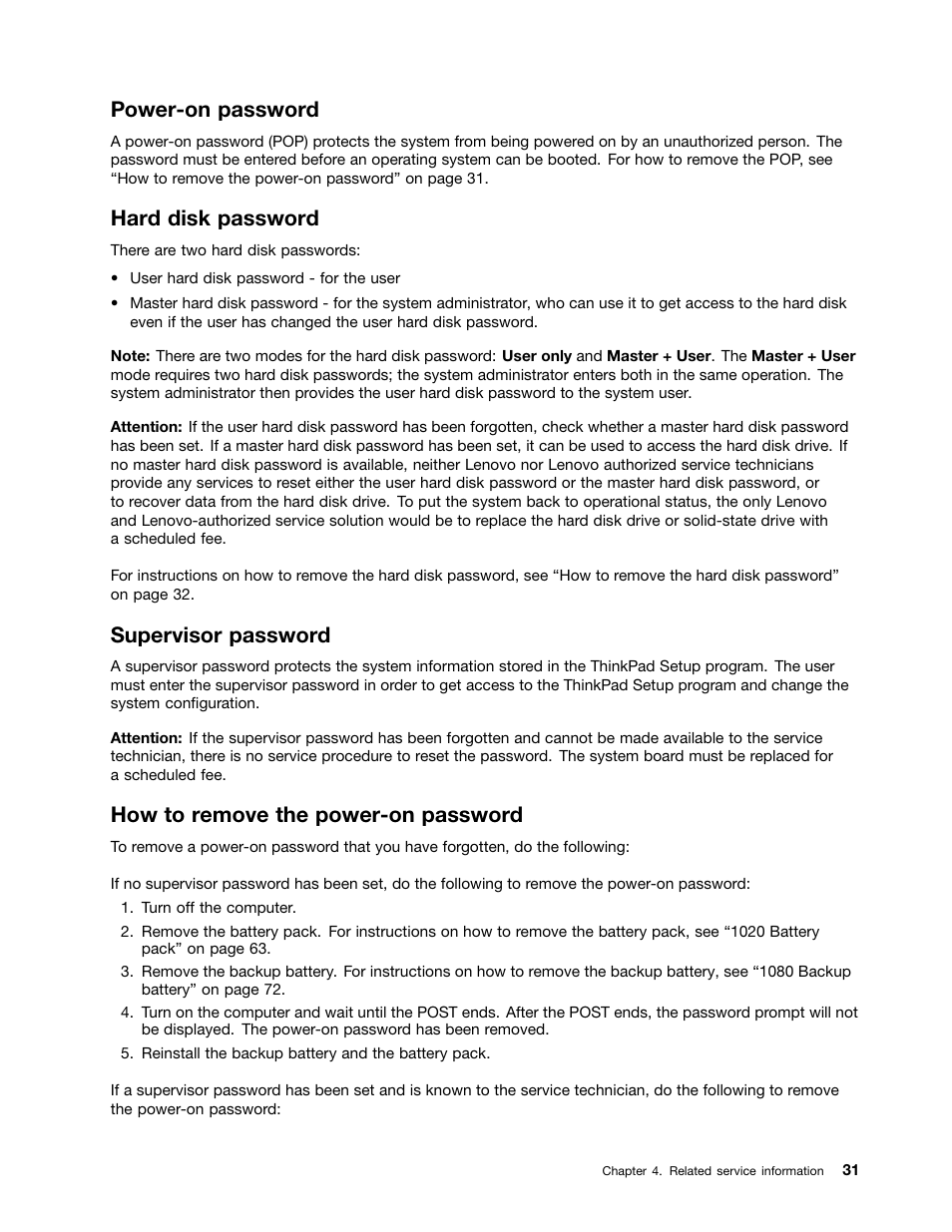 Power-on password, Hard disk password, Supervisor password | How to remove the power-on password | Lenovo ThinkPad X230 Tablet User Manual | Page 37 / 118