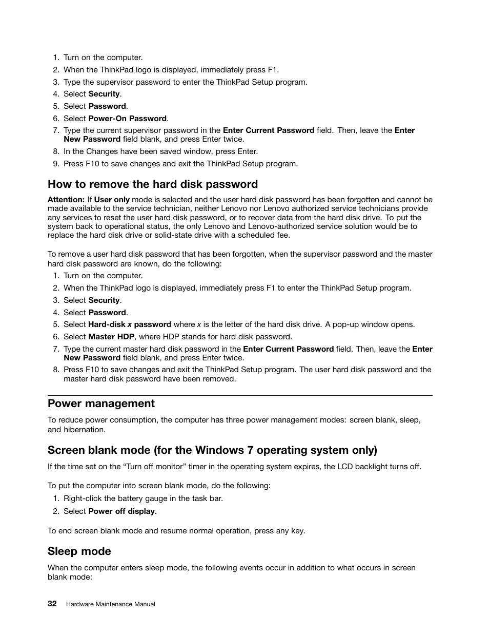How to remove the hard disk password, Power management, Sleep mode | Lenovo ThinkPad X230 Tablet User Manual | Page 38 / 118