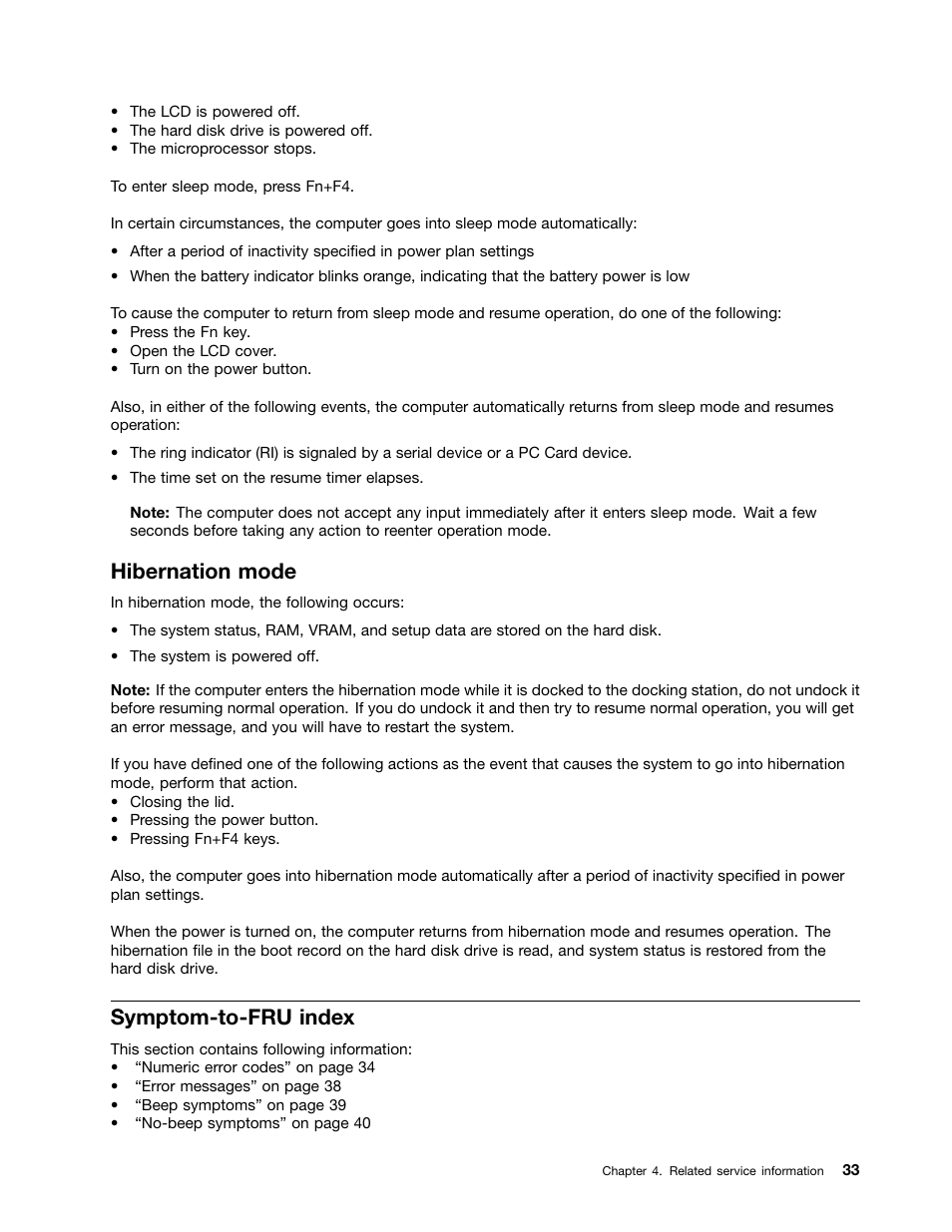 Hibernation mode, Symptom-to-fru index | Lenovo ThinkPad X230 Tablet User Manual | Page 39 / 118