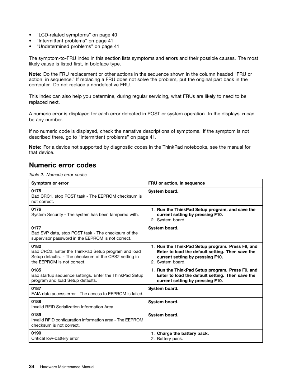 Numeric error codes | Lenovo ThinkPad X230 Tablet User Manual | Page 40 / 118