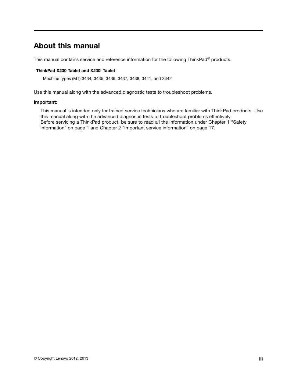 About this manual | Lenovo ThinkPad X230 Tablet User Manual | Page 5 / 118