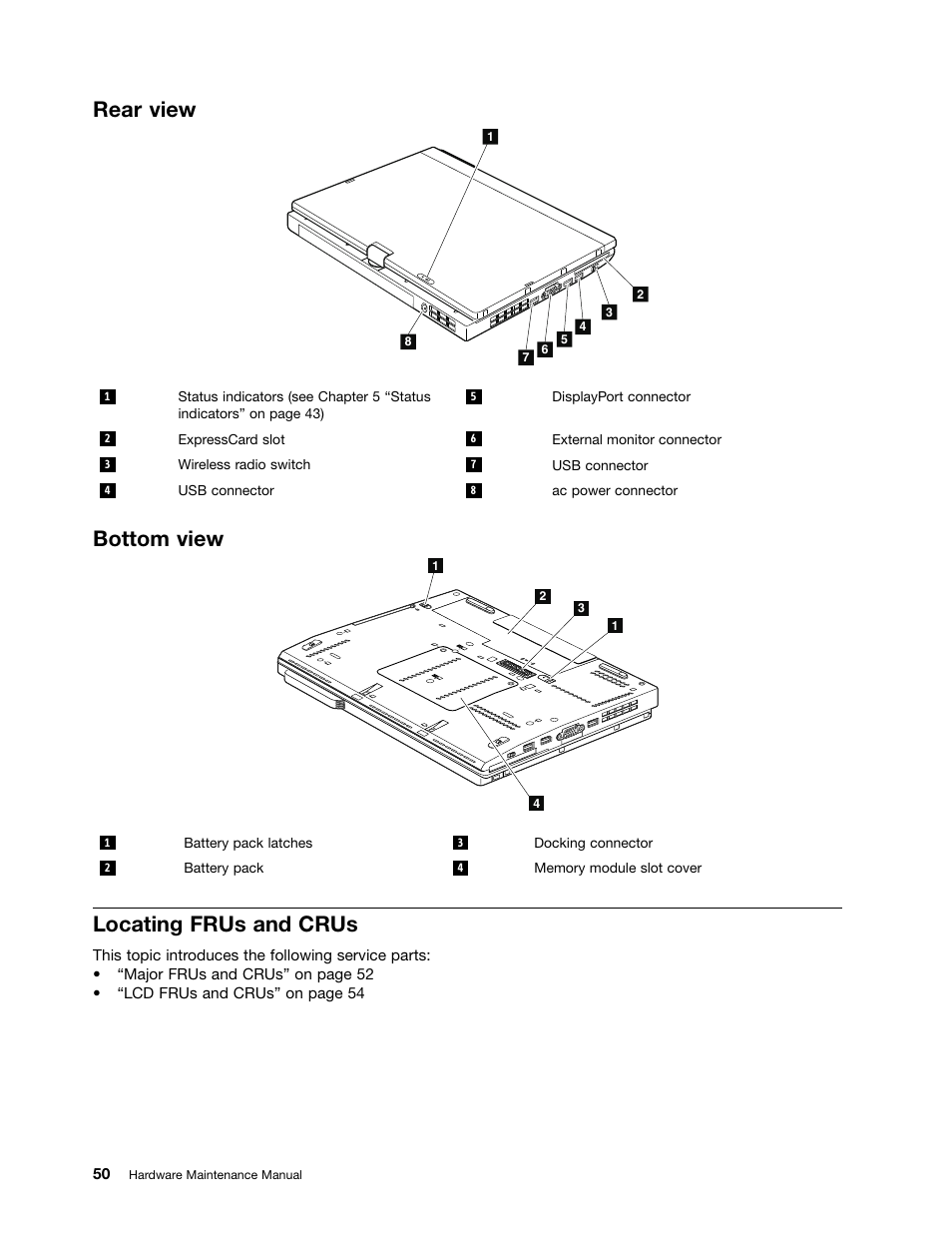 Rear view, Bottom view, Locating frus and crus | Lenovo ThinkPad X230 Tablet User Manual | Page 56 / 118