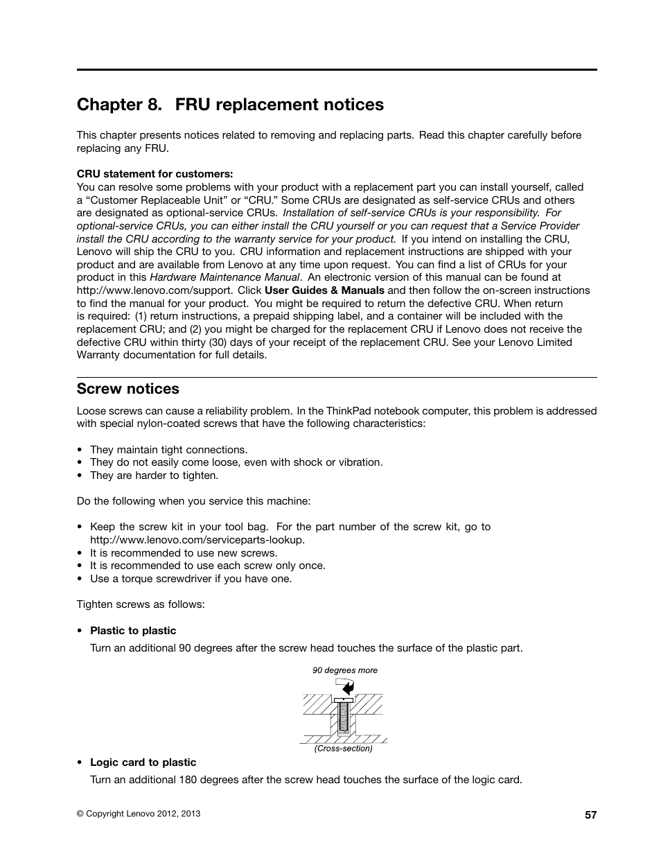 Chapter 8. fru replacement notices, Screw notices | Lenovo ThinkPad X230 Tablet User Manual | Page 63 / 118