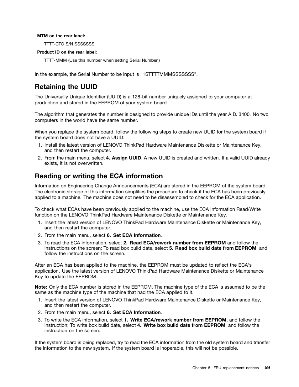 Retaining the uuid, Reading or writing the eca information | Lenovo ThinkPad X230 Tablet User Manual | Page 65 / 118