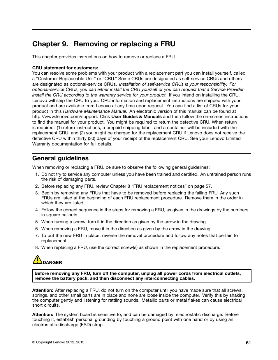 Chapter 9. removing or replacing a fru, General guidelines | Lenovo ThinkPad X230 Tablet User Manual | Page 67 / 118