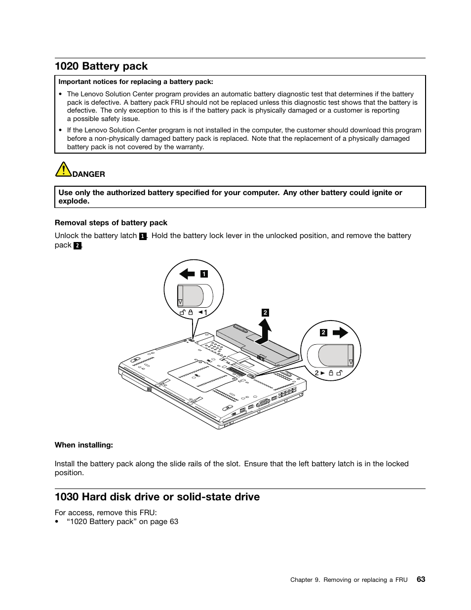 1020 battery pack, 1030 hard disk drive or solid-state drive, 1020 battery | Lenovo ThinkPad X230 Tablet User Manual | Page 69 / 118
