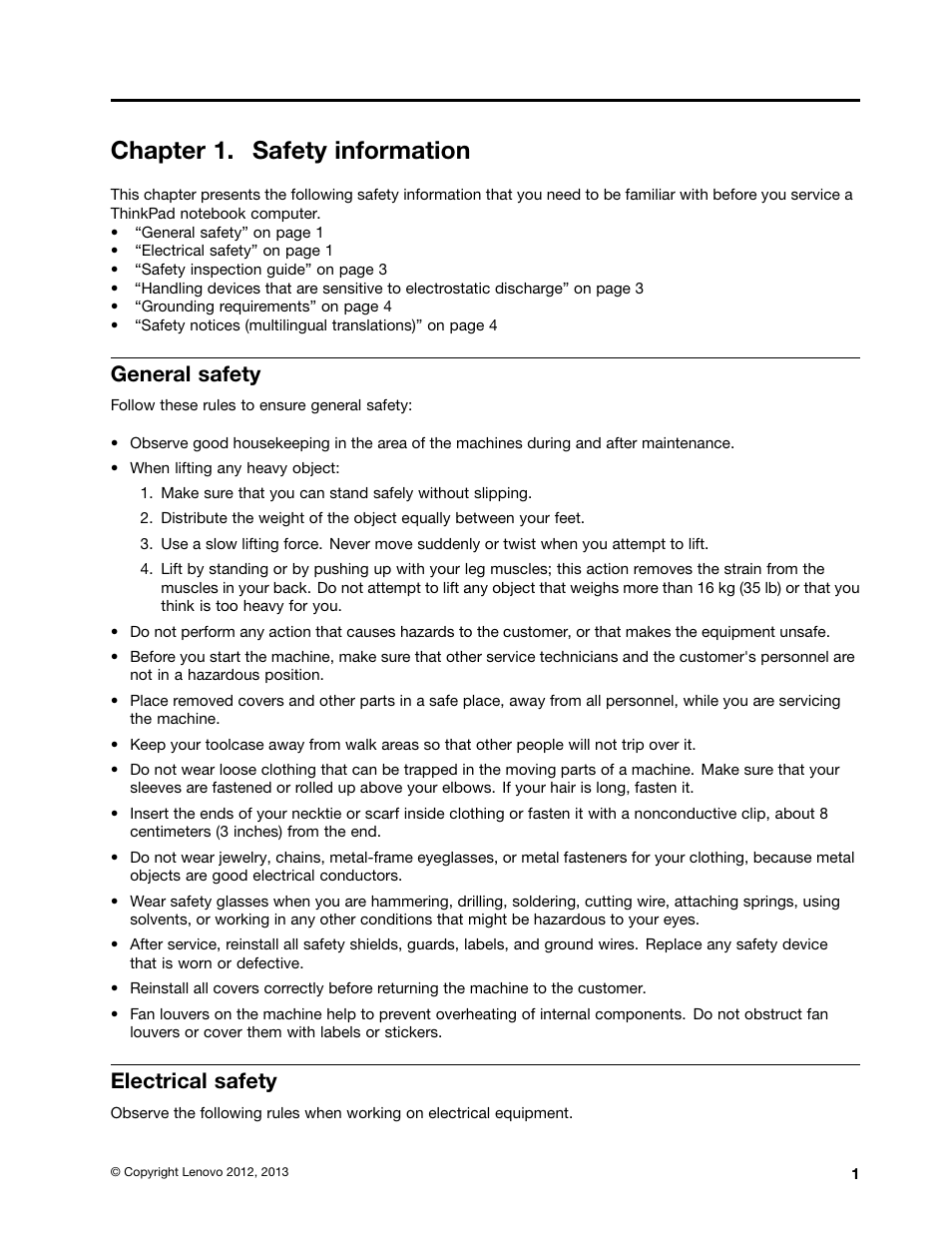 Chapter 1. safety information, General safety, Electrical safety | Lenovo ThinkPad X230 Tablet User Manual | Page 7 / 118