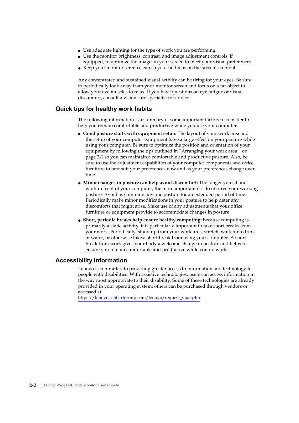 Quick tips for healthy work habits, Accessibility information | Lenovo ThinkVision LT1952p Wide 19in LCD Monitor User Manual | Page 14 / 38