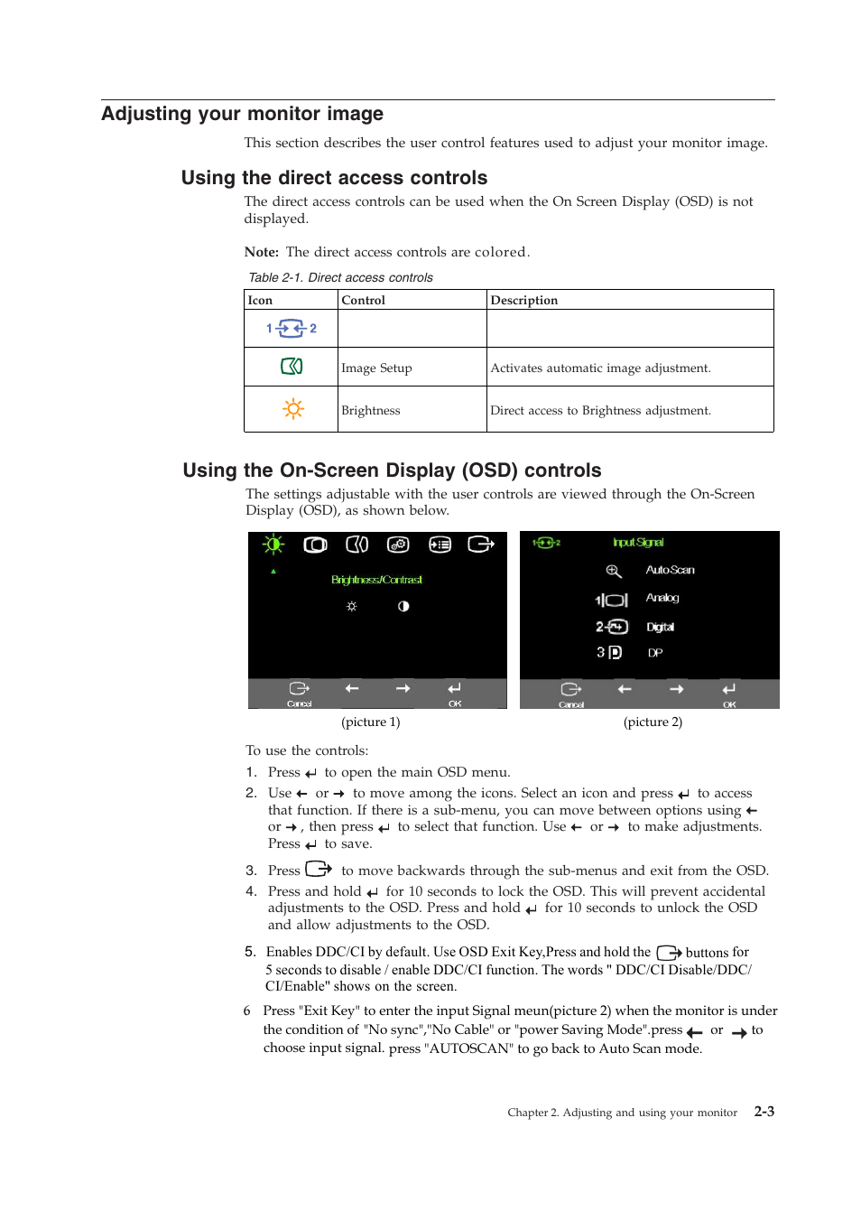 Adjusting your monitor image, Using the direct access controls, Using the on-screen display (osd) controls | Lenovo ThinkVision LT1952p Wide 19in LCD Monitor User Manual | Page 15 / 38