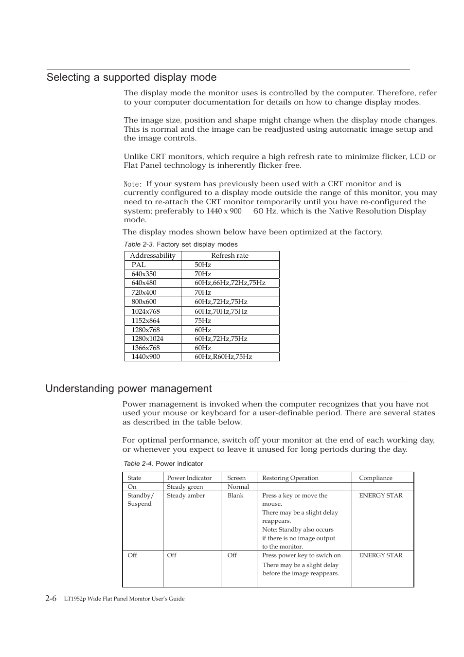 Selecting a supported display mode, Understanding power management | Lenovo ThinkVision LT1952p Wide 19in LCD Monitor User Manual | Page 18 / 38