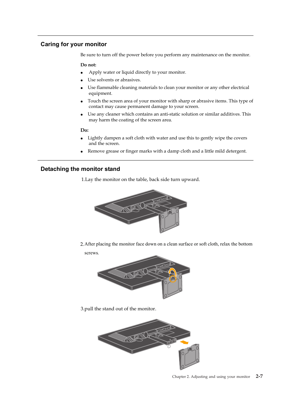Caring for your monitor, Detaching the monitor stand | Lenovo ThinkVision LT1952p Wide 19in LCD Monitor User Manual | Page 19 / 38