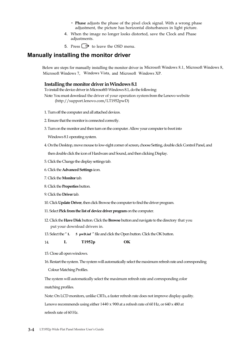 Manually installing the monitor driver, Installing the monitor driver in windows 8.1 | Lenovo ThinkVision LT1952p Wide 19in LCD Monitor User Manual | Page 24 / 38