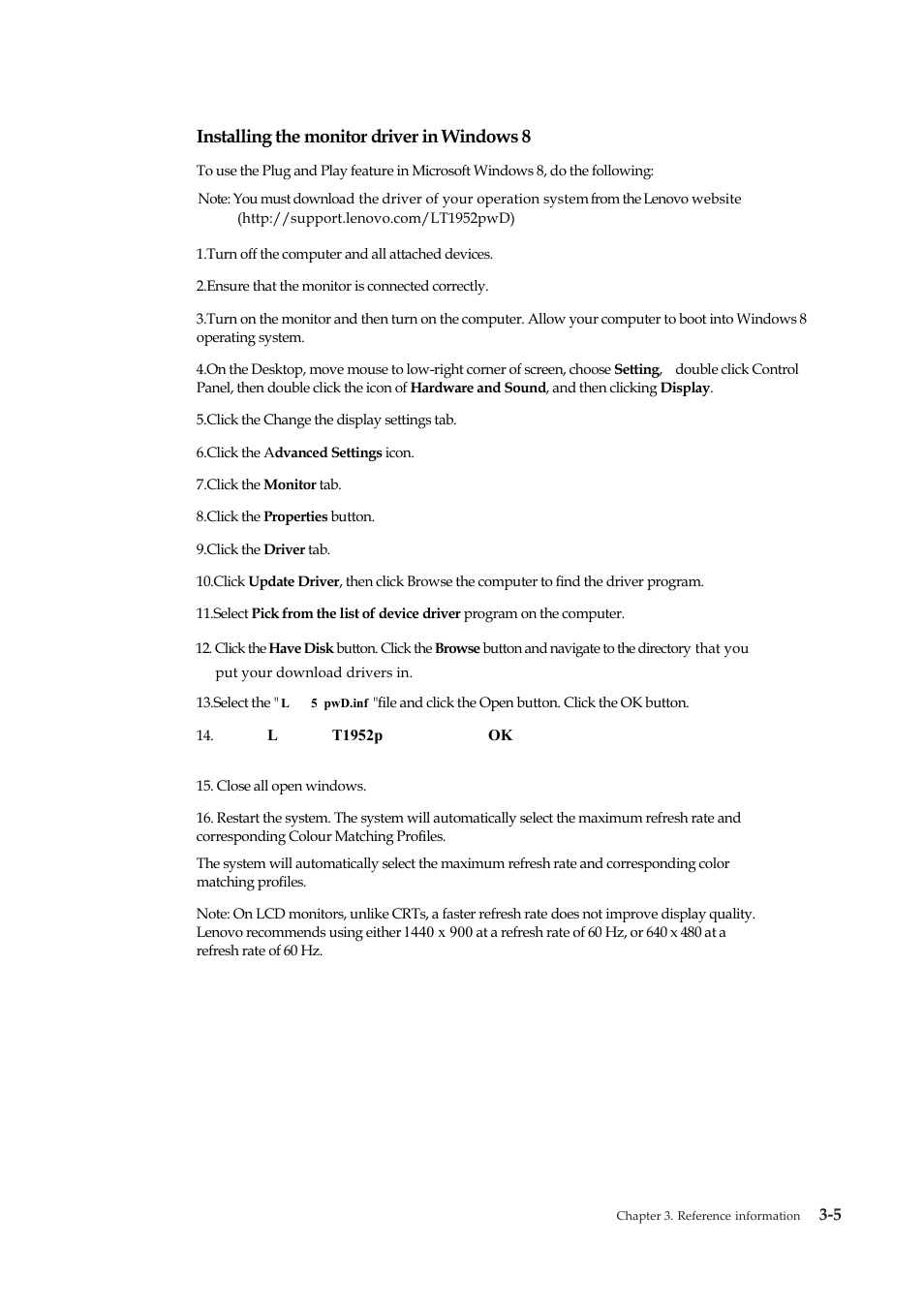 Installing the monitor driver in windows 8 | Lenovo ThinkVision LT1952p Wide 19in LCD Monitor User Manual | Page 25 / 38