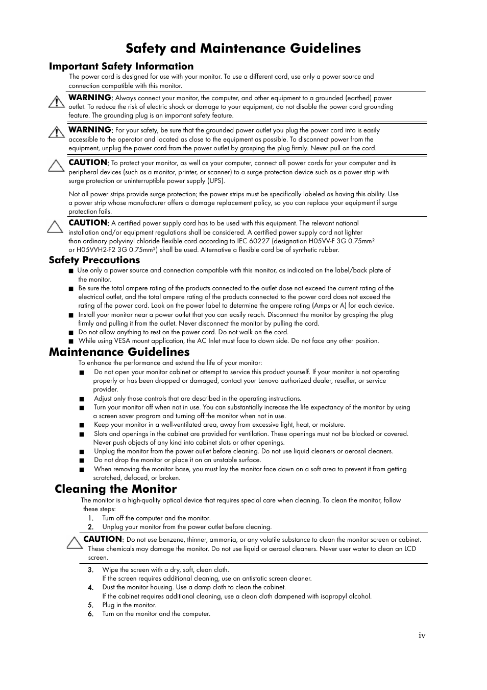 Safety and maintenance guidelines, Maintenance guidelines, Cleaning the monitor | Important safety information, Safety precautions | Lenovo ThinkVision LT1952p Wide 19in LCD Monitor User Manual | Page 5 / 38