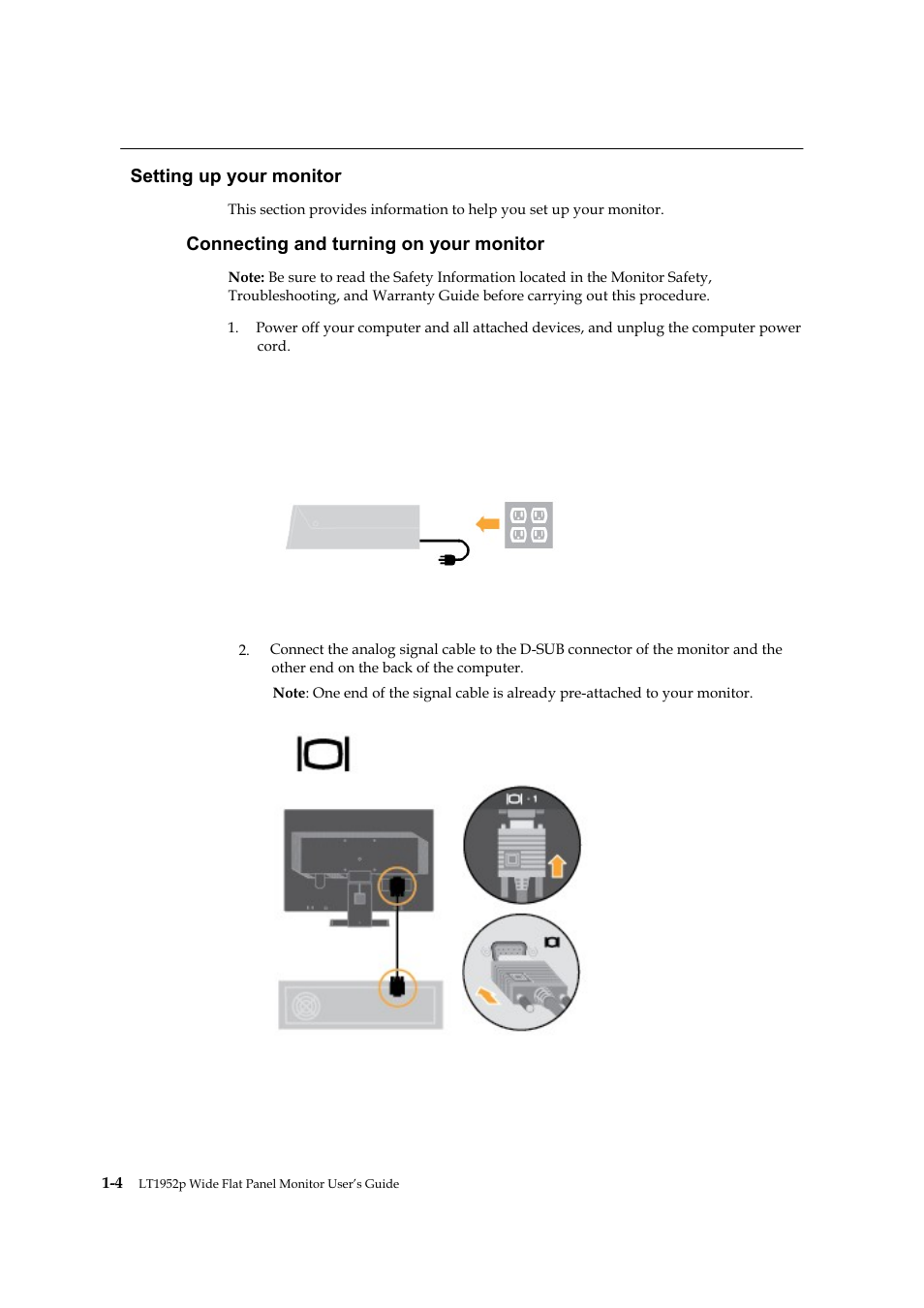 Setting up your monitor, Connecting and turning on your monitor | Lenovo ThinkVision LT1952p Wide 19in LCD Monitor User Manual | Page 9 / 38