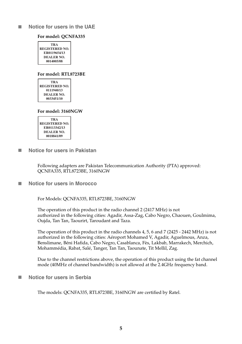 5 notice for users in the uae, Notice for users in pakistan, Notice for users in morocco | Notice for users in serbia | Lenovo E10-30 User Manual | Page 5 / 11