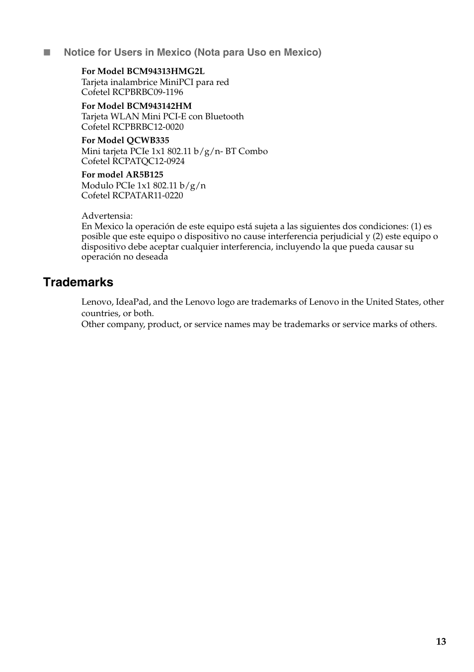 Trademarks | Lenovo Flex 10 Notebook Lenovo User Manual | Page 13 / 13