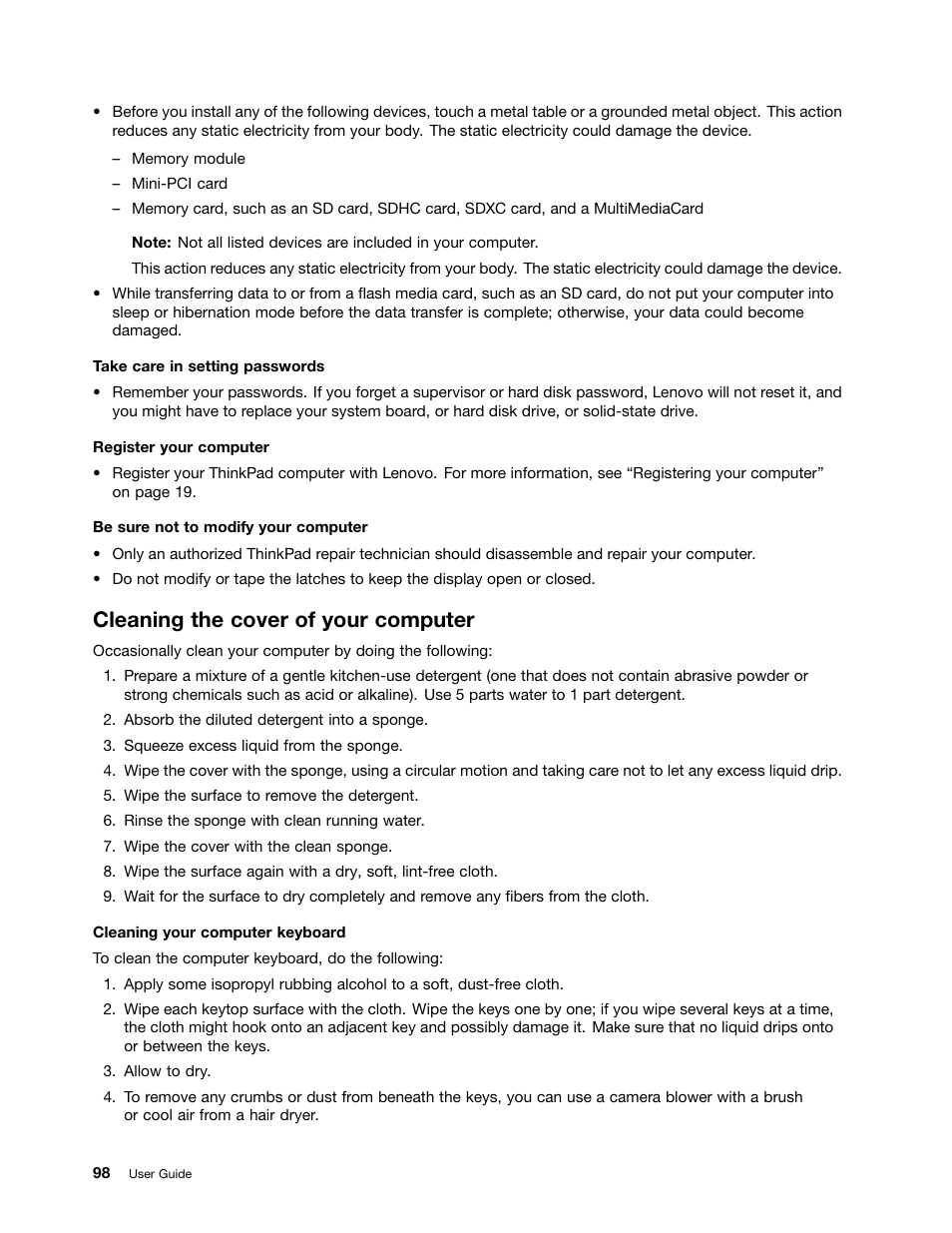 Cleaning the cover of your computer | Lenovo ThinkPad X140e User Manual | Page 114 / 156