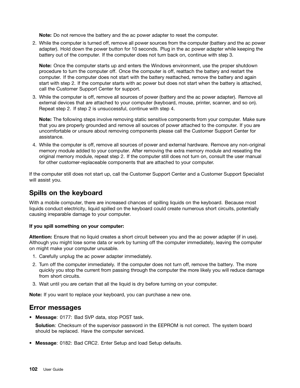 Spills on the keyboard, Error messages | Lenovo ThinkPad X140e User Manual | Page 118 / 156