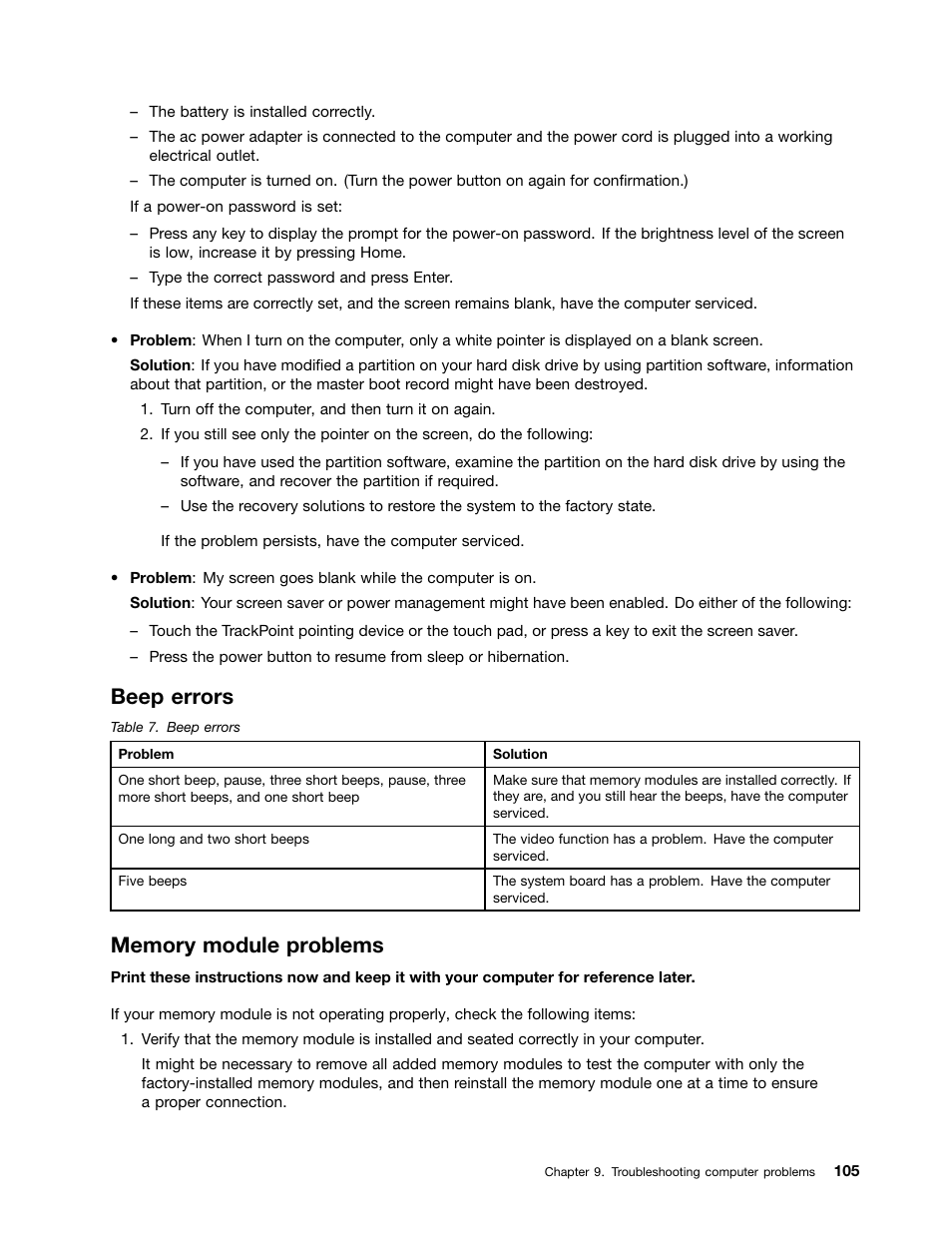 Beep errors, Memory module problems | Lenovo ThinkPad X140e User Manual | Page 121 / 156