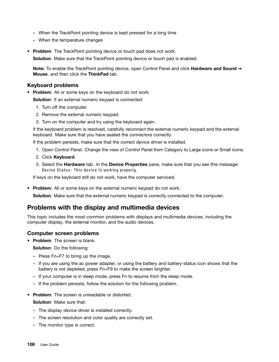 Problems with the display and multimedia devices | Lenovo ThinkPad X140e User Manual | Page 124 / 156