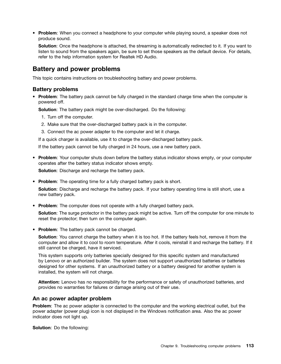 Battery and power problems | Lenovo ThinkPad X140e User Manual | Page 129 / 156