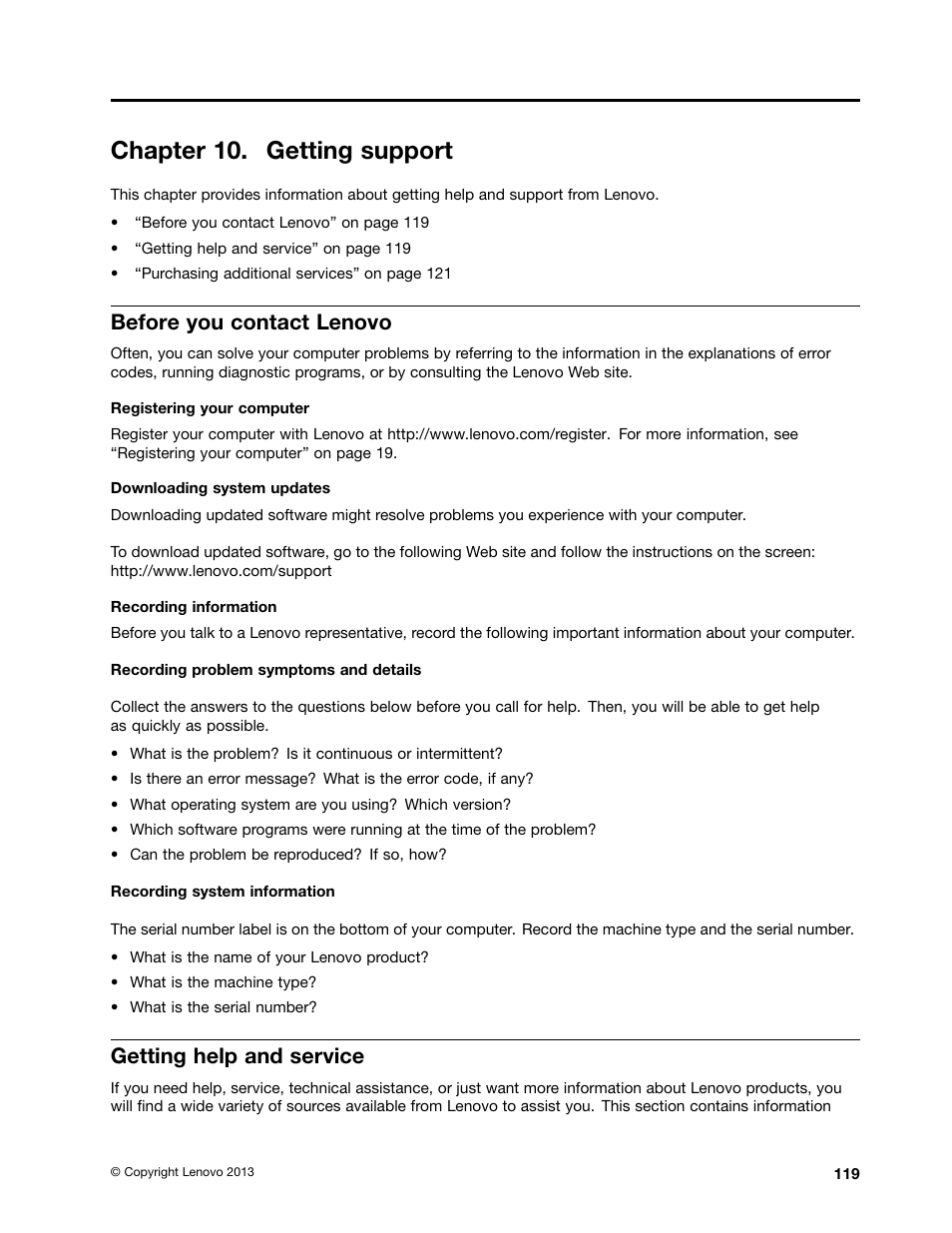 Chapter 10. getting support, Before you contact lenovo, Getting help and service | Lenovo ThinkPad X140e User Manual | Page 135 / 156