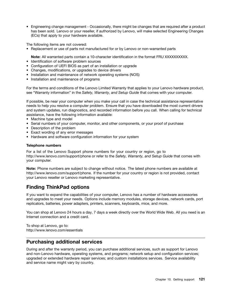 Finding thinkpad options, Purchasing additional services | Lenovo ThinkPad X140e User Manual | Page 137 / 156