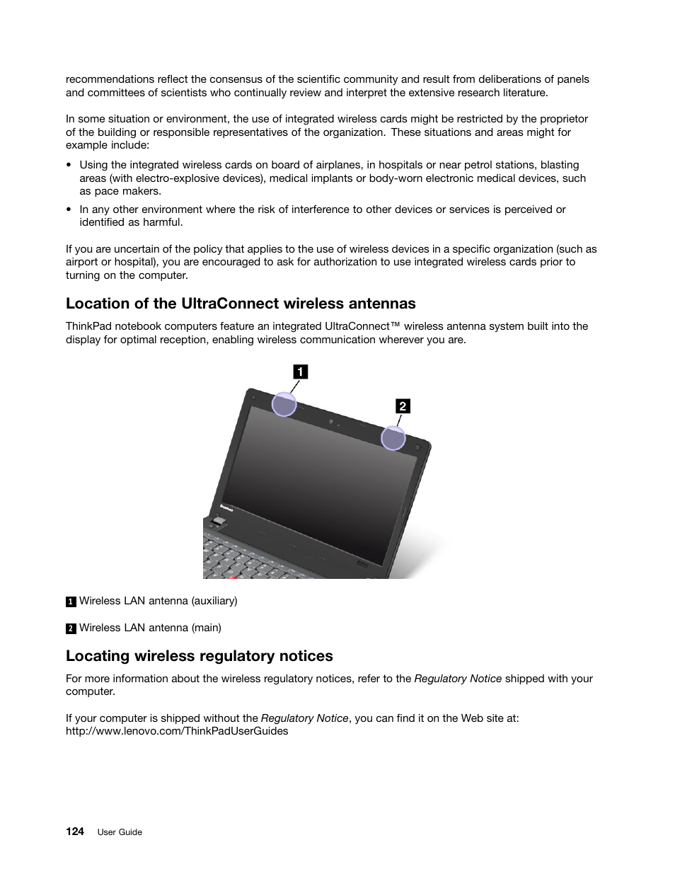 Location of the ultraconnect wireless antennas, Locating wireless regulatory notices | Lenovo ThinkPad X140e User Manual | Page 140 / 156
